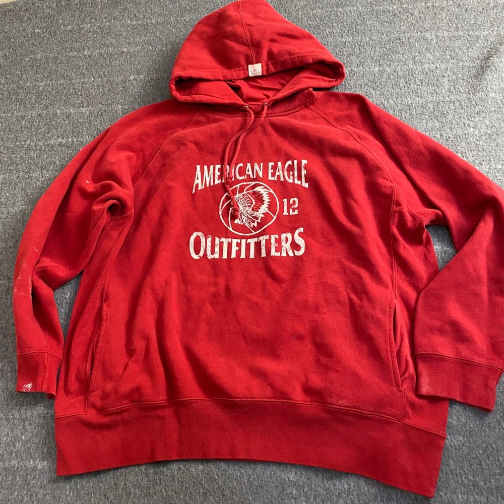 Y2K THRASHED American Eagle Outfitters Mens XL Red Distressed Graphic Hoodie Vtg